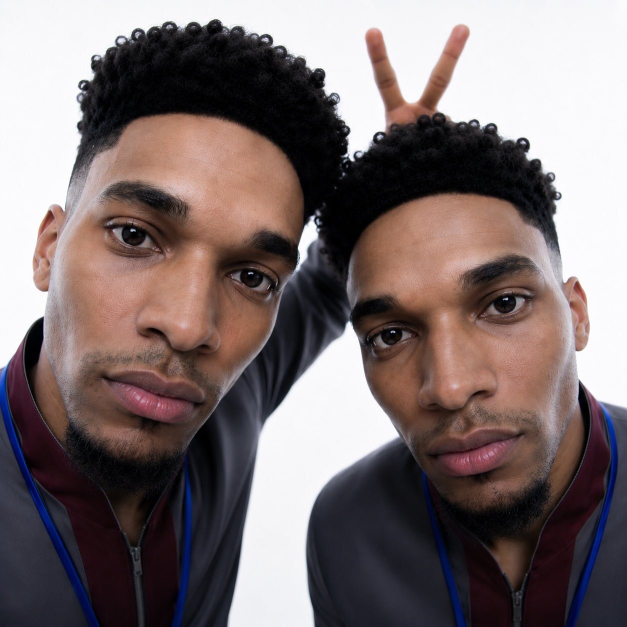 Two of him, one throwing up bunny ears behind the other
